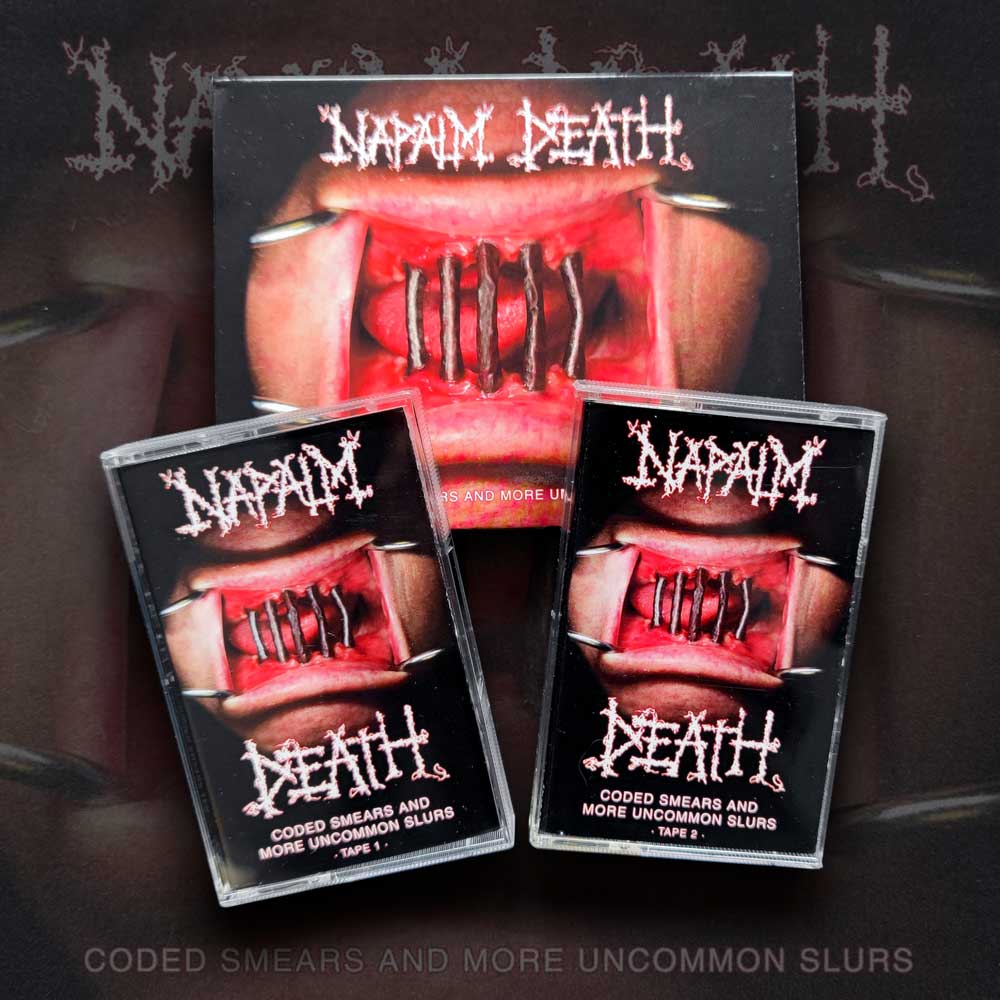 Napalm Death - coded smears and more uncommon slurs Slipcase double cassette tape Animate Records Metal Mailorder, Label, Online Webstore, Vinyl LP CD T-Shirt Tape, Death Black Grind Crust Doom, KAMPFAR, HATE, THE RUINS OF BEVERAST merchandise